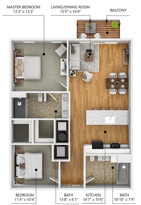 Floor plan for 2 beds, 2 baths, 996 sqft